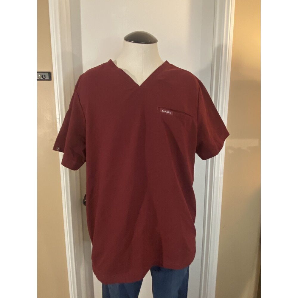 JAANUU Top Women's Medium M Burgundy Scrub Stretch Blouse Nursing V Neck